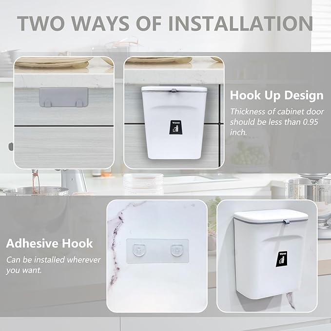9L/2.4 Gallon Hanging Trash Can for Kitchen Cabinet Door with Lid, Small Under Sink Garbage Can, Trash Bin for Bathroom, Wall Mounted Counter Waste Kitchen Compost Bin,Plastic