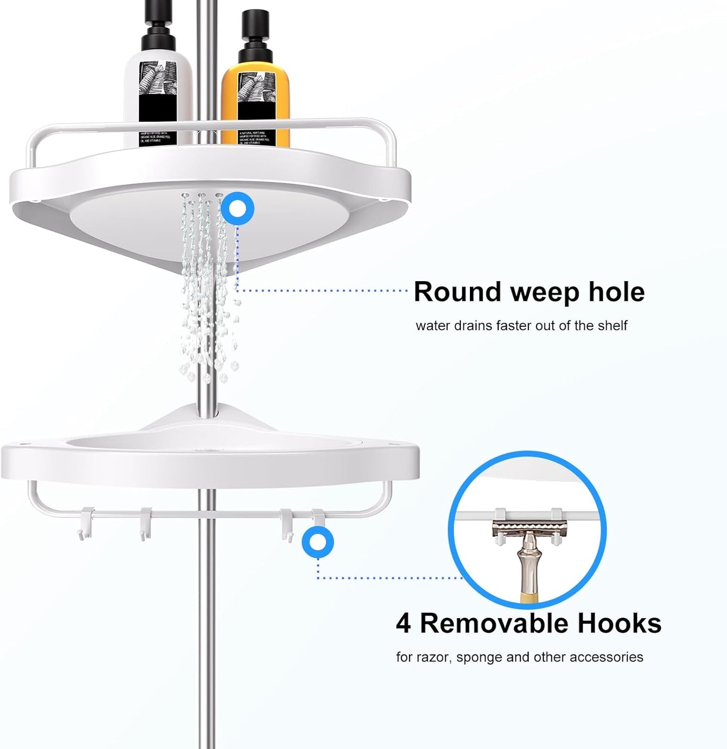 Corner Shower Caddy Tension Pole: Adjustable Stainless Steel Shower Organizer with 4 Tier Shelf for Bathroom Bathtub Tub Shampoo - Floor Standing Rack Bath Storage Holder with Rust Proof Rods