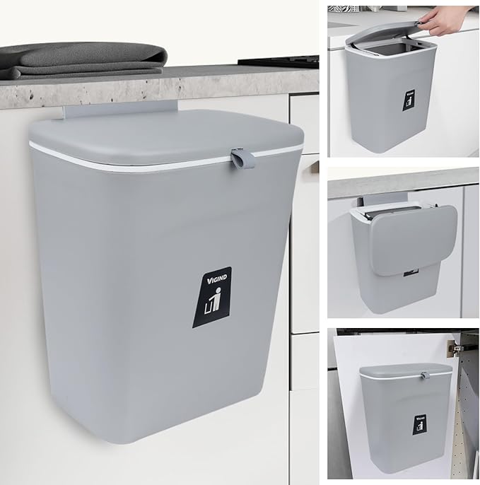 9L/2.4 Gallon Hanging Trash Can for Kitchen Cabinet Door with Lid, Small Under Sink Garbage Can, Trash Bin for Bathroom, Wall Mounted Counter Waste Kitchen Compost Bin,Plastic