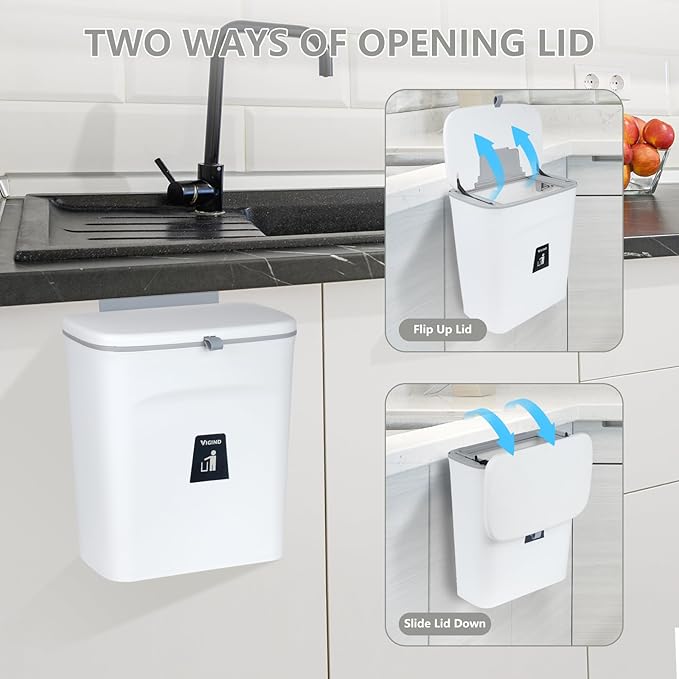 9L/2.4 Gallon Hanging Trash Can for Kitchen Cabinet Door with Lid, Small Under Sink Garbage Can, Trash Bin for Bathroom, Wall Mounted Counter Waste Kitchen Compost Bin,Plastic