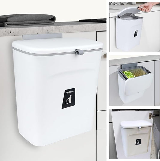 9L/2.4 Gallon Hanging Trash Can for Kitchen Cabinet Door with Lid, Small Under Sink Garbage Can, Trash Bin for Bathroom, Wall Mounted Counter Waste Kitchen Compost Bin,Plastic