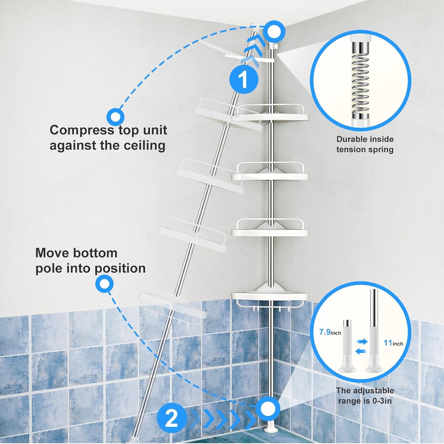 Corner Shower Caddy Tension Pole: Adjustable Stainless Steel Shower Organizer with 4 Tier Shelf for Bathroom Bathtub Tub Shampoo - Floor Standing Rack Bath Storage Holder with Rust Proof Rods