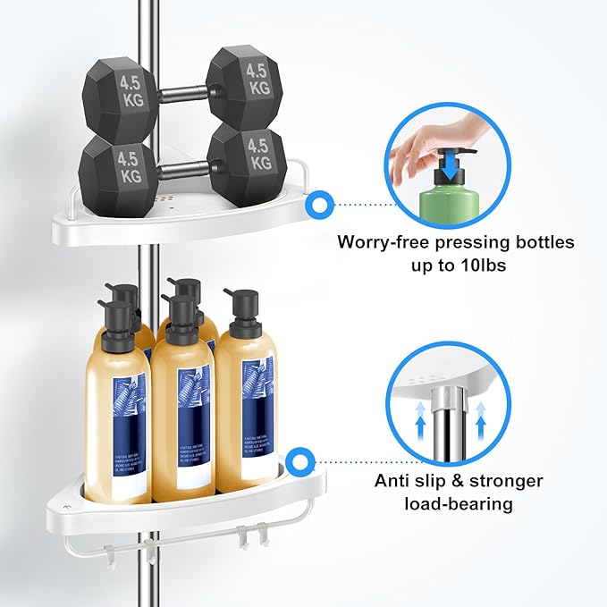 Corner Shower Caddy Tension Pole: Adjustable Stainless Steel Shower Organizer with 4 Tier Shelf for Bathroom Bathtub Tub Shampoo - Floor Standing Rack Bath Storage Holder with Rust Proof Rods