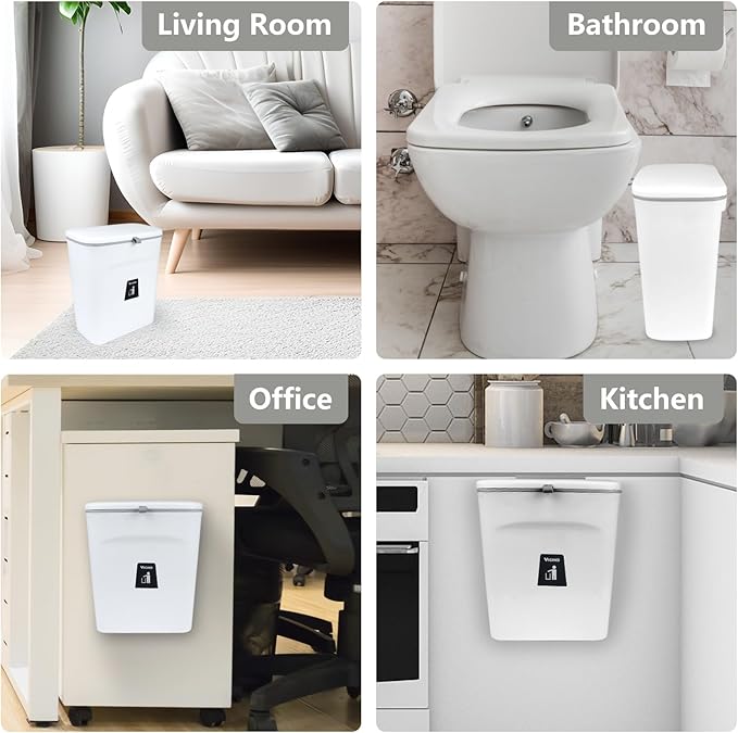 9L/2.4 Gallon Hanging Trash Can for Kitchen Cabinet Door with Lid, Small Under Sink Garbage Can, Trash Bin for Bathroom, Wall Mounted Counter Waste Kitchen Compost Bin,Plastic