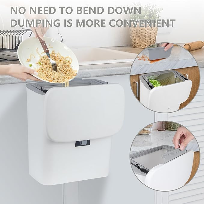 9L/2.4 Gallon Hanging Trash Can for Kitchen Cabinet Door with Lid, Small Under Sink Garbage Can, Trash Bin for Bathroom, Wall Mounted Counter Waste Kitchen Compost Bin,Plastic