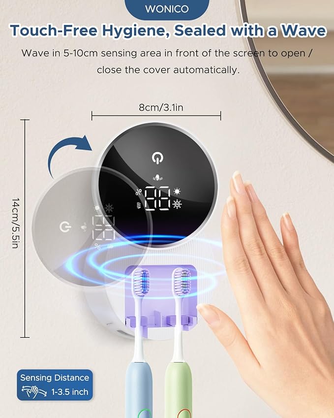 Toothbrush Holders for Bathroom, WONICO Toothbrush Sanitizer Holder, Tooth Brush Wall-Mounted Cleaner Organizer with Auto-Inductive Cover, Air Drying Fits Most Electric, Manual and Kids’ Toothbrushes